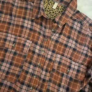 Pilcro Brown Pink Plaid Flannel Button Up Shirt Cheetah Print Interior Accents